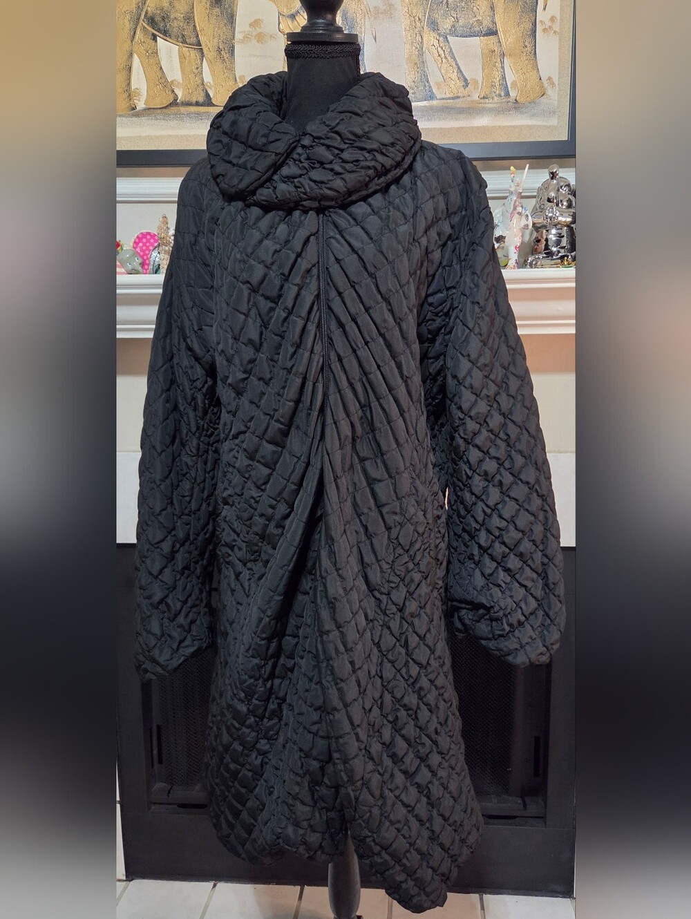 Samuel Dong Black Diamond-Quilted Dramatic Opera Coat